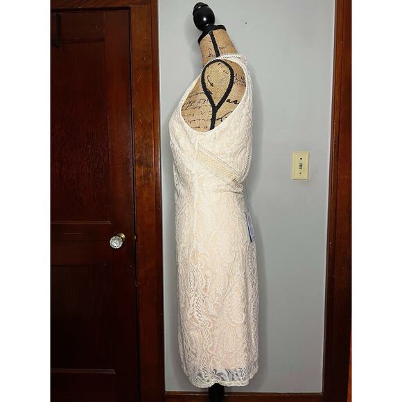 NWT GUESS DRESS BEIGE LACE OVERLAY PEACH BACKLESS LIZA MINI LARGE L - Picture 4 of 6